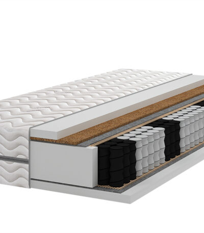 Materac pocket 180x200 z warstwą kokosu przekrój pokazujący sprężyny kieszeniowe i usztywniającą warstwę kokosową.