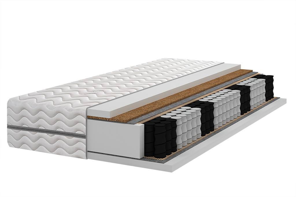 Materac pocket 180x200 z warstwą kokosu przekrój pokazujący sprężyny kieszeniowe i usztywniającą warstwę kokosową.
